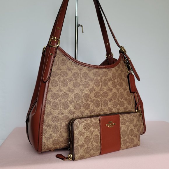 COACH Lori Signature Logo Coated Canvas Shoulder Bag AND Accordion Wallet SET🎈⭐ - Picture 3 of 16